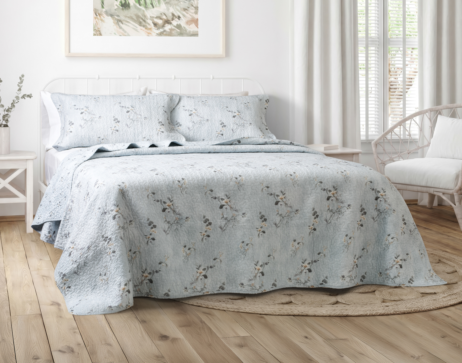 Adeline Cotton Quilt Set, Floral, Blue,