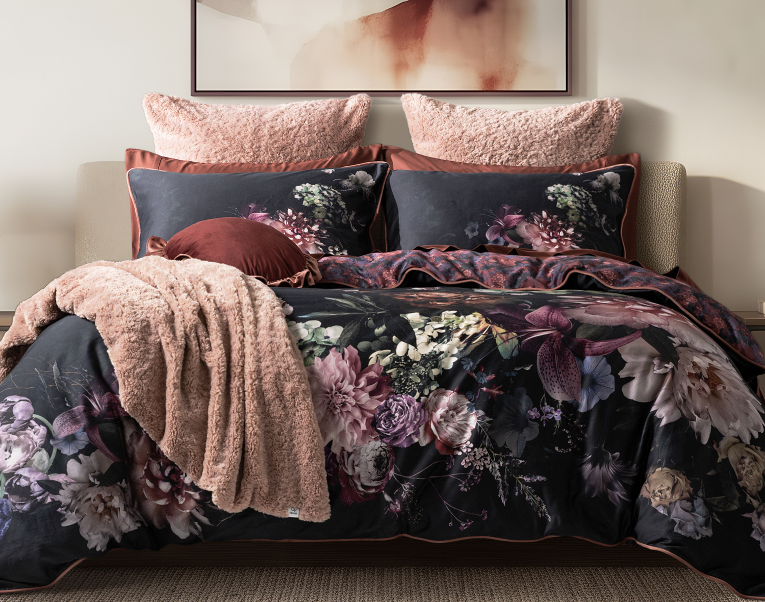 Valentina Duvet Cover, Cotton, Floral, Black,