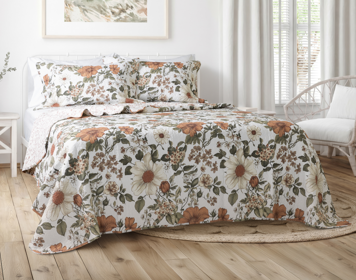 Carmine Cotton Quilt Set, Floral, Orange,