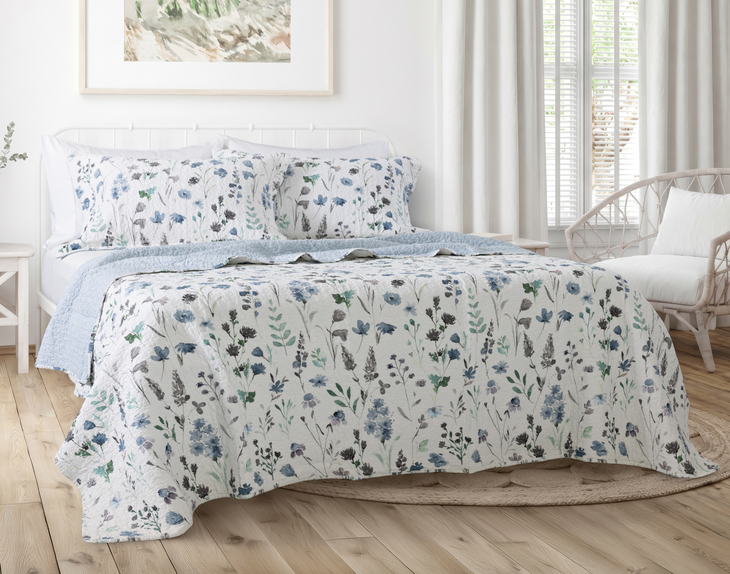 Linnea Cotton Quilt Set, Floral, Blue,