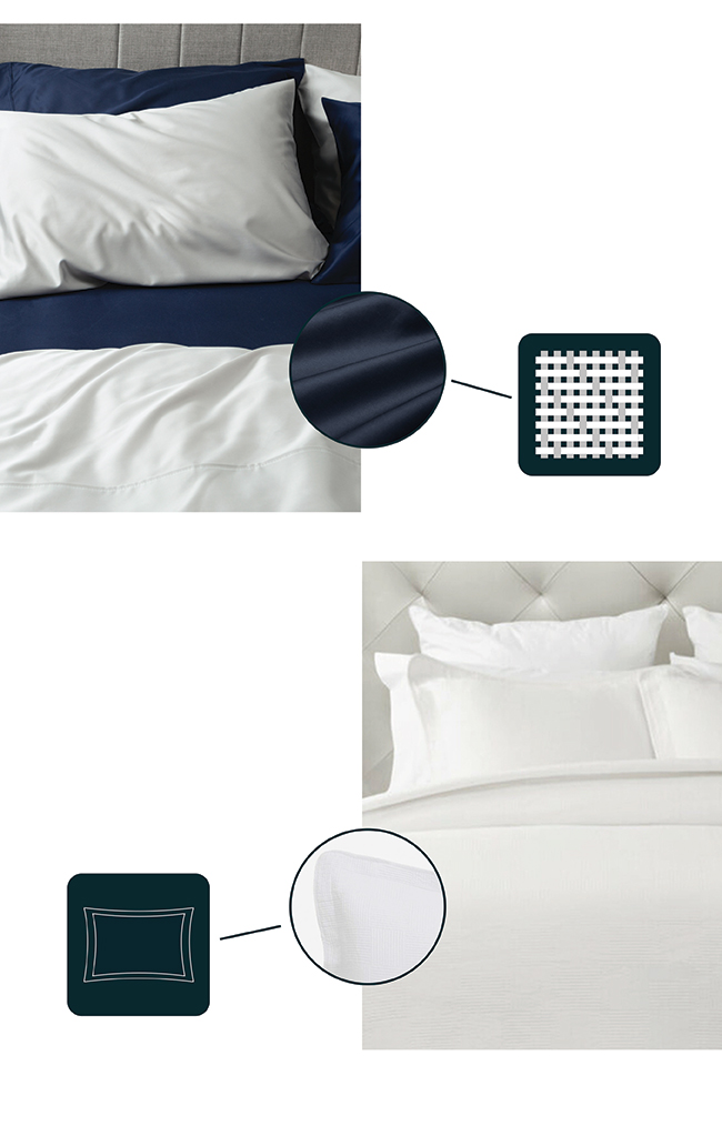 Our logos for sateen weaves and flanged edges, next to examples of our bedding in a bedroom to show a closer-look at each type.