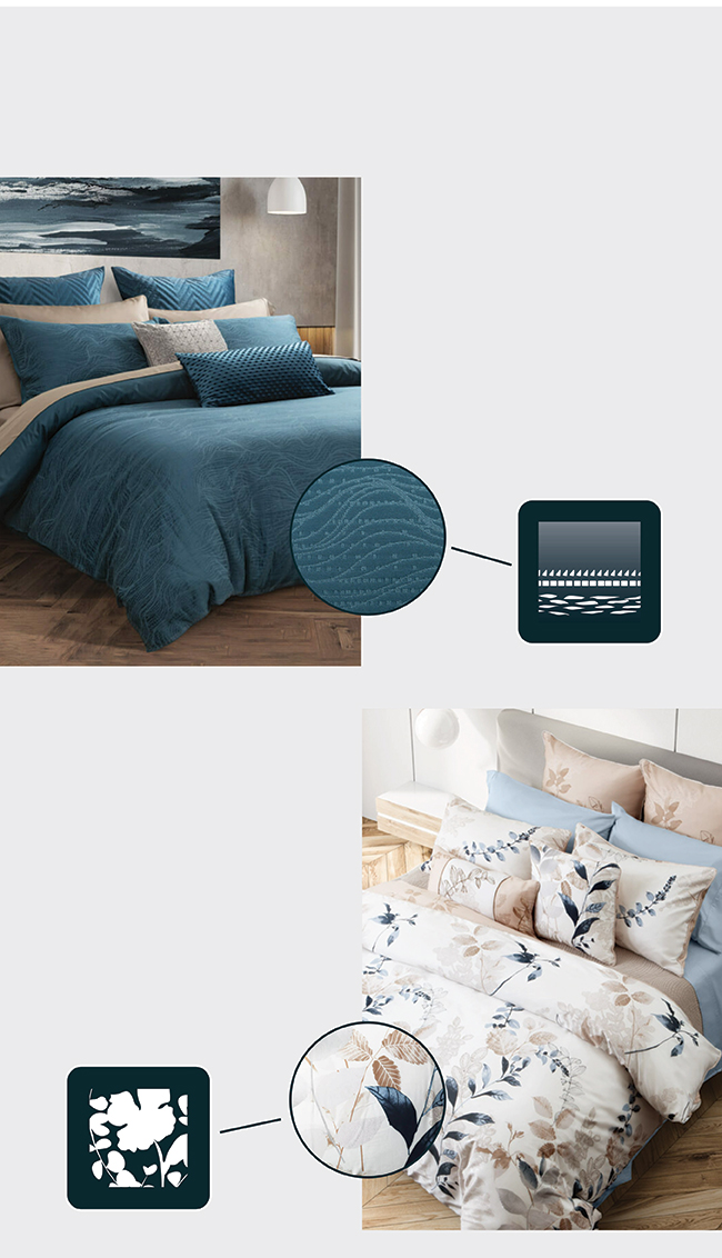 Our logos for coastal and botanical designs, next to examples of our bedding in a bedroom to show a closer-look at each type.