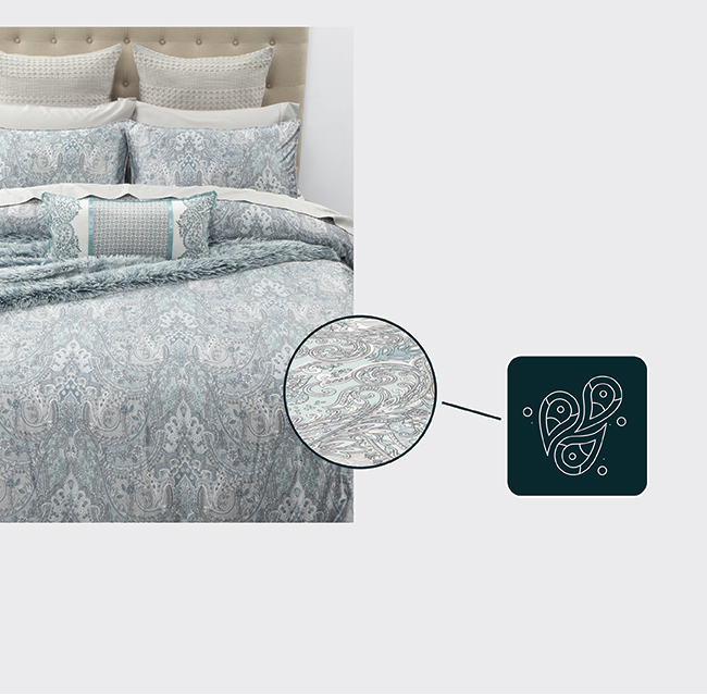 Our logos for paisley designs, next to examples of our bedding in a bedroom to show a closer-look at each type.