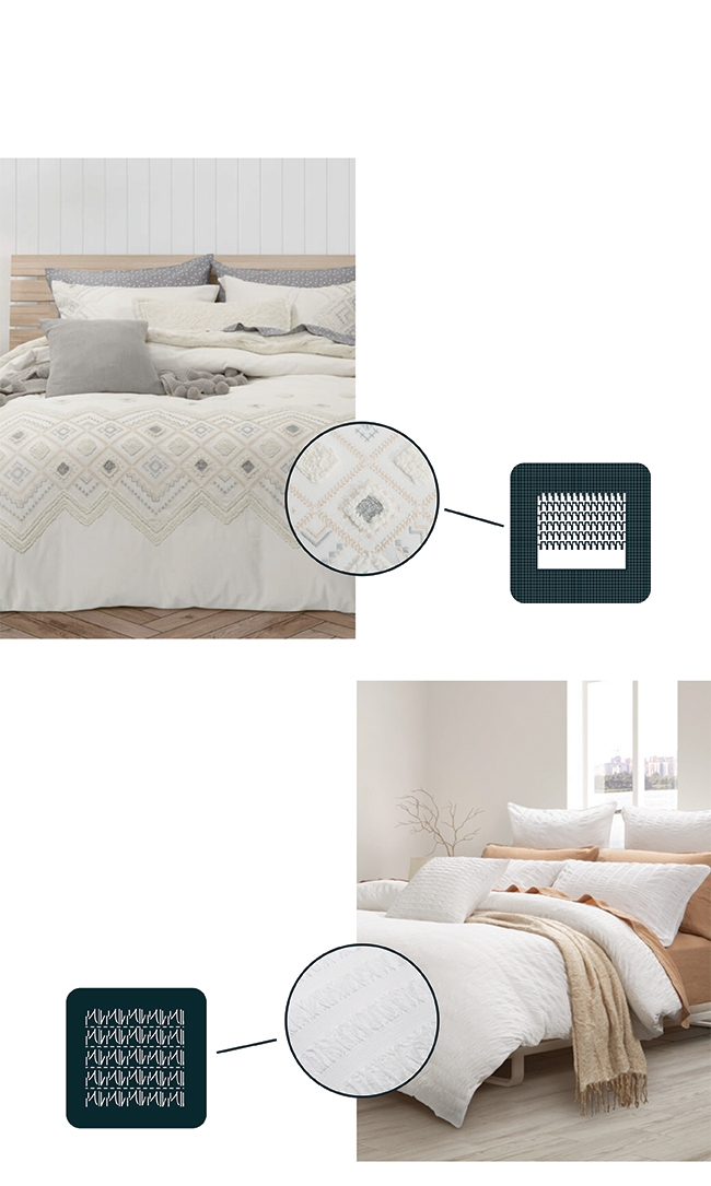 Our logos for tufting and seersucker fabric, next to examples of our bedding in a bedroom to show a closer-look at each type.