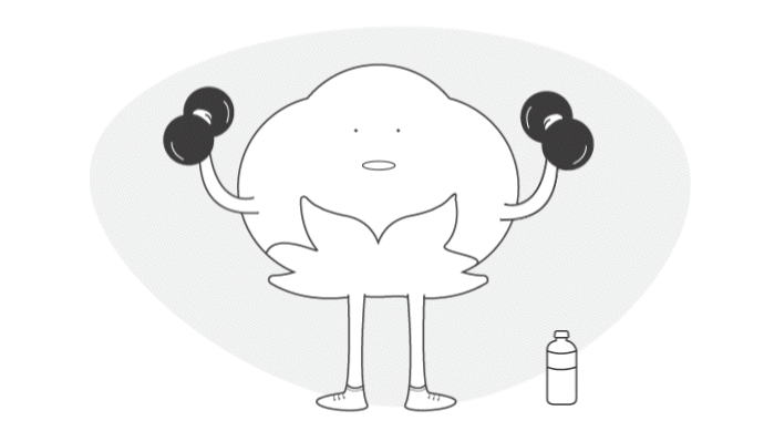 Petite boule de coton anthropomorphe soulevant des poids pour renforcer sa douceur.