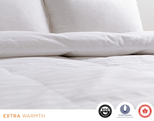 Angled view of the shell on our Legacy Hutterite White Goose Down Duvet close-up.