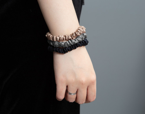 QE Home 100% Mulberry Silk Skinny Scrunchies in Black, Bronze, Pewter (Set of 3)