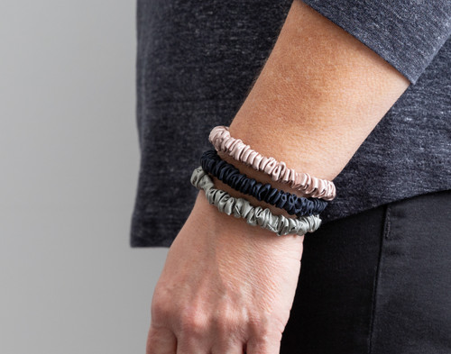QE Home 100% Mulberry Silk Skinny Scrunchies in Black, Frosted Berry, Mistywoods (Set of 3)