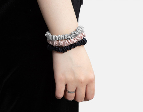 QE Home 100% Mulberry Silk Skinny Scrunchies in Black, Silver, Frosted Berry (Set of 3)