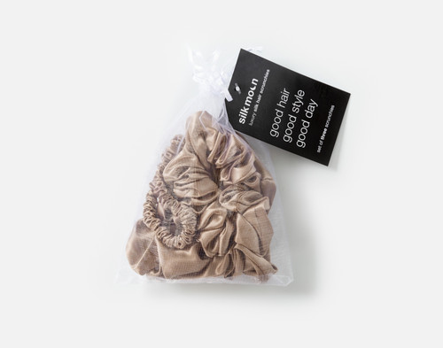 QE Home 100% Mulberry Silk Scrunchies in Bronze (Set of 3), Beige