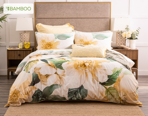 Oriana Duvet Cover, Cotton, Bamboo Floral, Yellow,