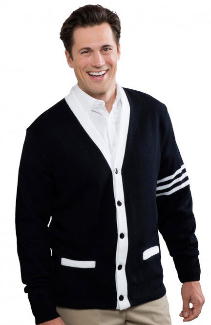 Cotton V-Neck Pullover Varsity Sweater Navy Blue With White Trim