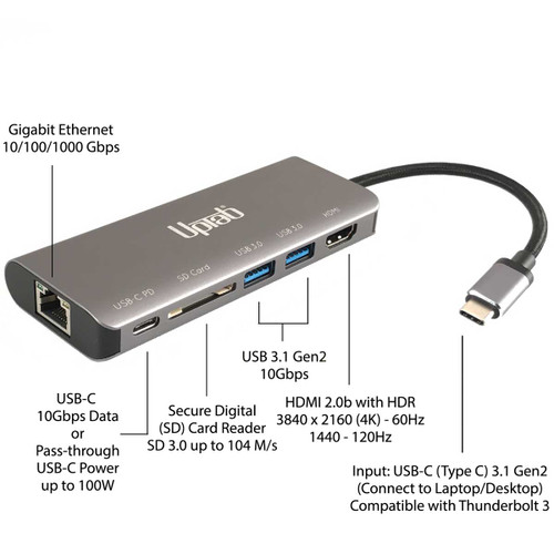 USB-C 3.2 Gen 2 10Gbps 4K 60hz HDR Power Delivery Hub USB 3.2 - Graphite 