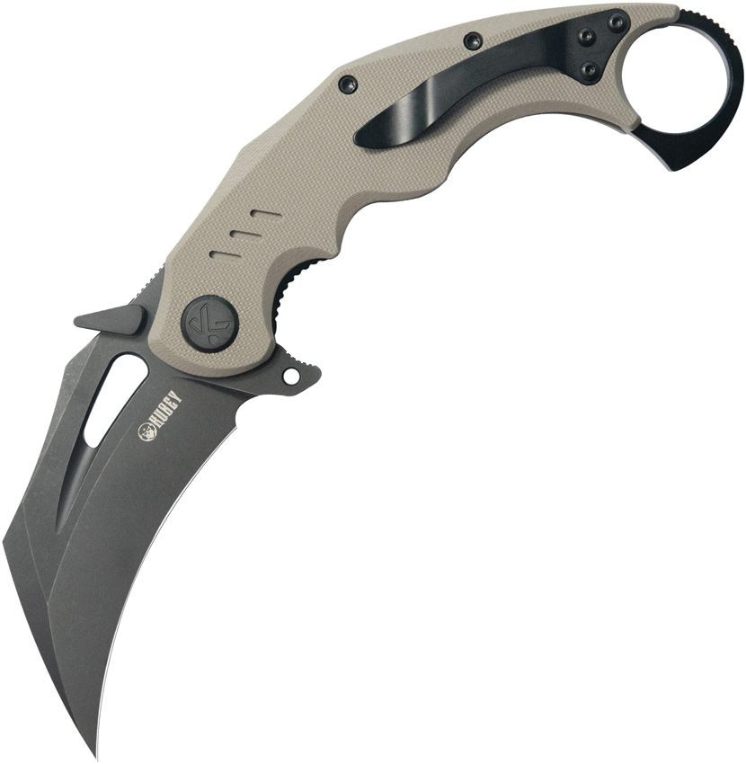 Kubey Mini Wrath Black Stonewash 14C28N Tan G10 Folding Karambit