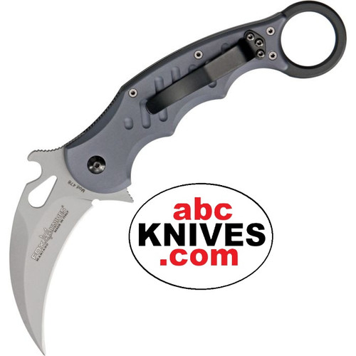 Fox Tactical Stonewash N690Co Cobalt Vanadium Grey Aluminum Folding Karambit shown open clipside with stonewash blade extended, finger ring, and pocket clip visible