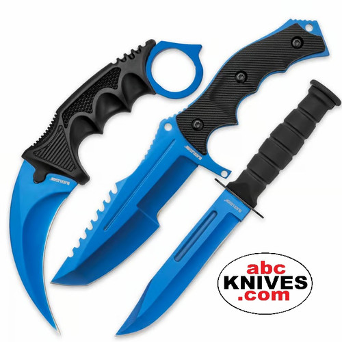 Hero – Black Legion Stratosphere Blue 440 Fixed Triple Knife Set displayed together, showing three blue-finished blades with black TPU handles