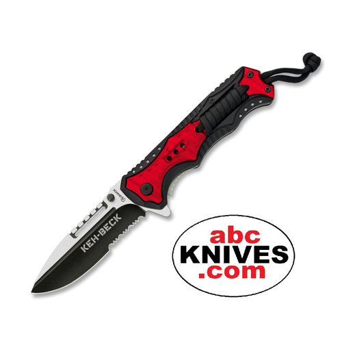 Hero – Albainox Keh-Beck Black 3Cr13MoV Red Aluminum Folding Pocket Knife fully open, showcasing sharp stainless steel blade and bold red anodized aluminum handle