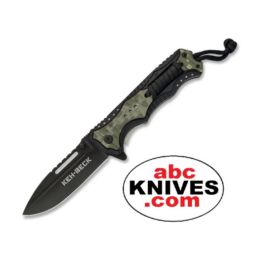Hero – Albainox Keh-Beck Black 3Cr13MoV Green Camo Aluminum Folding Pocket Knife shown fully open, highlighting the black stainless steel blade and green camouflage aluminum handle