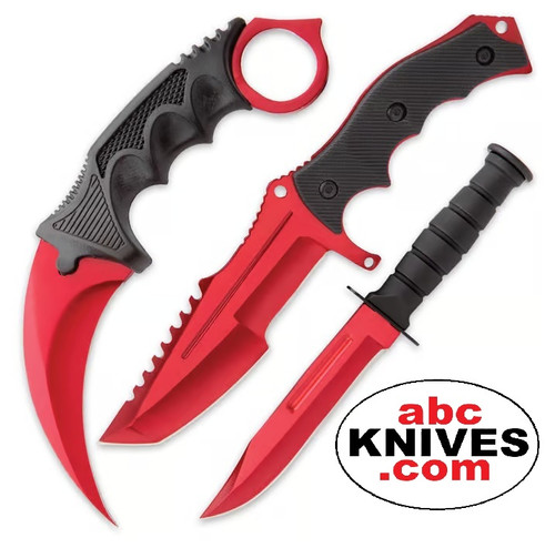 BV448 Black Legion Fury Red 440 Black TPU Fixed Triple Set, three knives displayed without sheaths showing full red blades and textured black handles