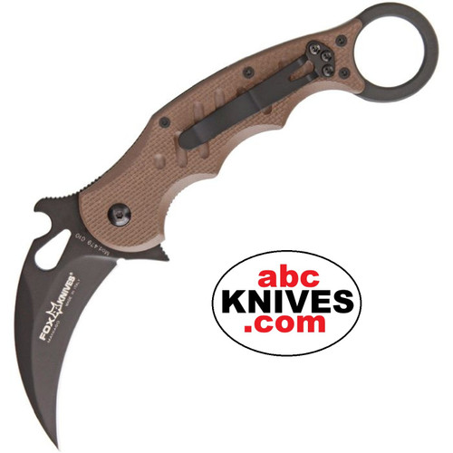 Fox Tactical Black N690Co Cobalt Vanadium Dark Earth G10 Folding Karambit shown open with black-coated blade extended and dark earth G10 handle clip side visible