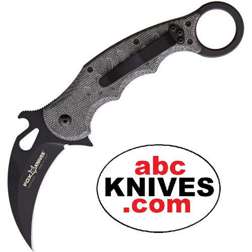 Hero – Fox Tactical 479MIB folding karambit with black N690Co hawkbill blade and black linen Micarta handle