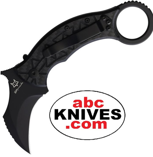 Hero – Fox Tribal K Black Oxide Böhler N690 Black G10 Carbon Fiber Inlay Folding Karambit open with curved black blade, black G10 handle with carbon fiber inlay, and finger ring Hero – Fox Tribal K Black Oxide Böhler N690 Black G10 Carbon Fiber Inlay Folding Karambit open with curved black blade, black G10 handle with carbon fiber inlay, and finger ring