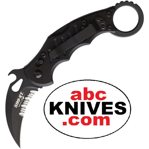 Hero – Fox 599 XT Serrated Black Böhler N690 Black G10 Folding Karambit open with partially serrated black blade and textured black G10 handle with finger ring Hero – Fox 599 XT Serrated Black Böhler N690 Black G10 Folding Karambit open with partially serrated black blade and textured black G10 handle with finger ring