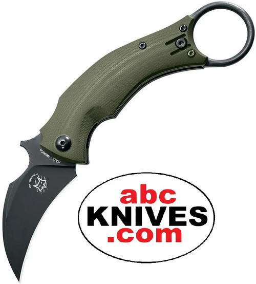Hero – Bastinelli Creations Blackbird Black Böhler N690 OD Green G10 Folding Karambit open with black curved blade and textured OD green G10 handle with finger ring, non-clip side view Hero – Bastinelli Creations Blackbird Black Böhler N690 OD Green G10 Folding Karambit open with black curved blade and textured OD green G10 handle with finger ring, non-clip side view