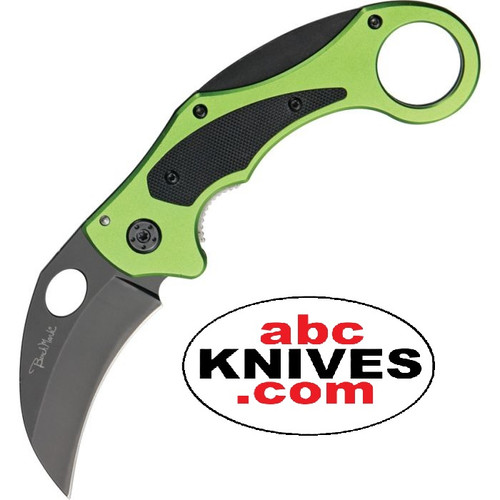 Hero – Benchmark Venom Black Stainless Neon Green Folding Karambit fully open, showcasing the black stainless steel blade and neon green aluminum handle Hero – Benchmark Venom Black Stainless Neon Green Folding Karambit fully open, showcasing the black stainless steel blade and neon green aluminum handle