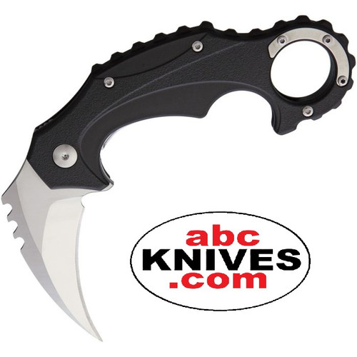 Hero – Brous Enforcer Satin D2 Black Polymer Folding Karambit fully open, showcasing satin D2 blade, ergonomic black polymer handle, and integrated finger ring Hero – Brous Enforcer Satin D2 Black Polymer Folding Karambit fully open, showcasing satin D2 blade, ergonomic black polymer handle, and integrated finger ring