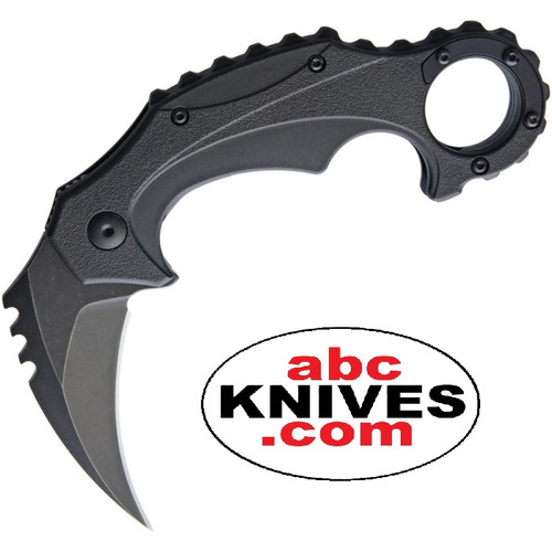 Hero – Brous Enforcer Acid Stonewashed D2 Folding Karambit fully open, showcasing the curved blade and black polymer handle Hero – Brous Enforcer Acid Stonewashed D2 Folding Karambit fully open, showcasing the curved blade and black polymer handle