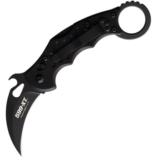 Hero – Fox 599 XT Black Böhler N690 Black G10 Folding Karambit open with the black blade and textured black G10 handle with finger ring Hero – Fox 599 XT Black Böhler N690 Black G10 Folding Karambit open with the black blade and textured black G10 handle with finger ring