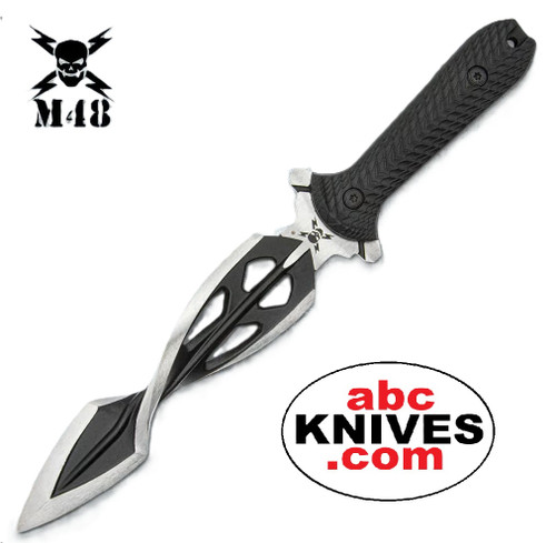 Hero – M48 Tsunami Black and Silver 2Cr13 Fixed Dagger (UC3437) laid flat, showing the full double-edged blade and textured black nylon fiber handle on a neutral background. Hero – M48 Tsunami Black and Silver 2Cr13 Fixed Dagger (UC3437) laid flat, showing the full double-edged blade and textured black nylon fiber handle on a neutral background.