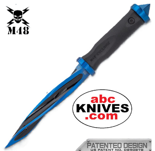 Hero – M48 Tsunami Force Cyclone Boot Dagger fully open, showing twisted blue and black tri-edged blade and black nylon fiber handle Hero – M48 Tsunami Force Cyclone Boot Dagger fully open, showing twisted blue and black tri-edged blade and black nylon fiber handle