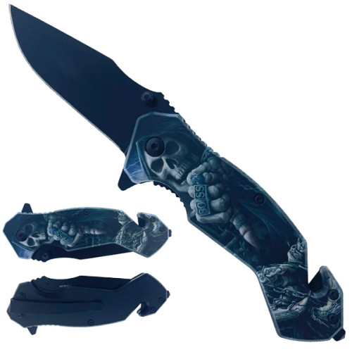 Hero: open knife showing the skeleton side, placed on top of a closed knife showing the opposite solid black side