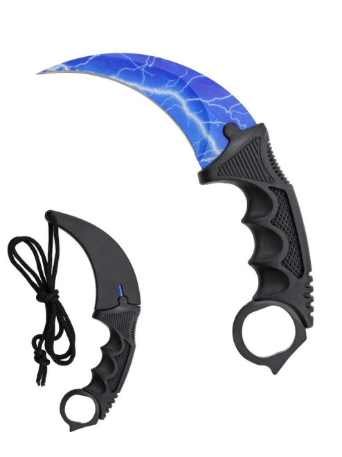 Hero - Blue Lightning 3Cr12 Black TPU Fixed Karambit (T222002BK-7) full knife displayed with a second knife on the left wearing its plastic sheath, showing the 3.75" curved lightning-pattern blade and textured black TPU handle