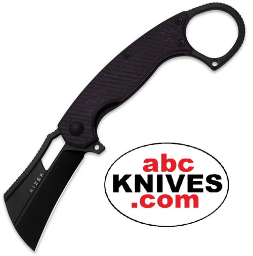Kizer Dodo KIV2702A2 shown open, blade pointing downward, displaying black PVD-coated Nitro V karambit blade and purple PC handle