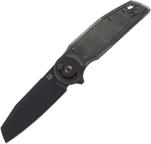 Fox Metamorphosis Black M390 Sheepsfoot Black Micarta Folding Pocket Knife shown open with black PVD coated sheepsfoot blade extended and black canvas micarta handle visible