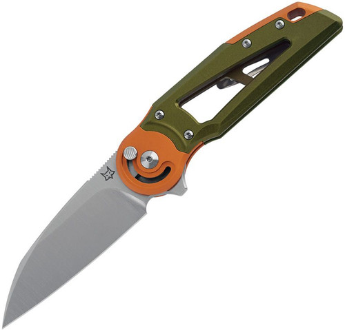 Fox Metamorphosis Black M390 OD Green Anodized Aluminum Folding Pocket Knife shown fully open with satin finish M390 blade extended and OD green anodized aluminum handle visible