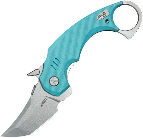 Kubey Jaw Sand Blast 14C28N Sandvik Tiffany Blue G10 Tanto Folding Karambit shown fully open with finger ring visible