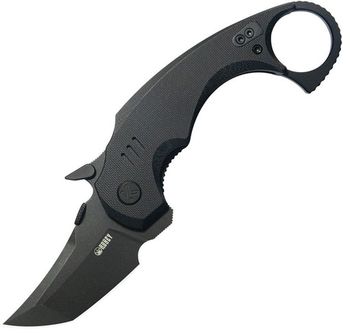 Kubey Jaw Sand Black Stonewash 14C28N Sandvik Black G10 Tanto Folding Karambit shown fully open non clip side
