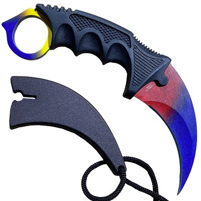 Marble Fade Ice and Fire 3Cr13 Black ABS Fixed Karambit Neck Knife shown fully unsheathed with sheath positioned underneath in the same image