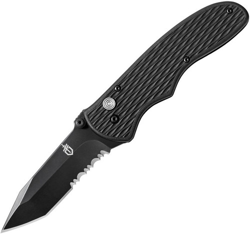 Gerber Fast Draw Plunge Black 7CrMoV Black Nylon Folding Pocket Knife shown open non clip side with black TiNi coated tanto blade visible