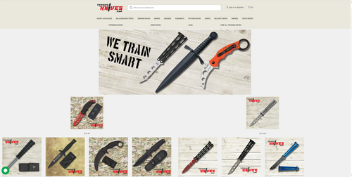 Main homepage of TrainingKnives.com showing training knife catalog layout with product grid, navigation menu, and training-focused branding displayed on screen