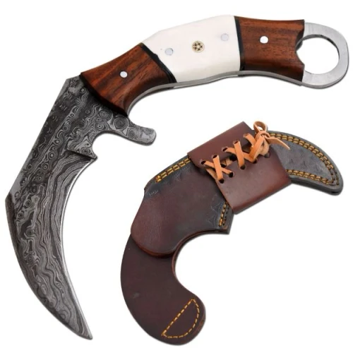 Old Ram Handmade Damascus Bone Wood Fixed Karambit shown with full Damascus blade, natural bone and wood handle, and leather sheath in the same image