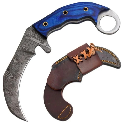 Old Ram Handmade Damascus Blue Frost Wood Fixed Karambit shown with full Damascus blade, blue frost wood handle, and leather sheath in the same image