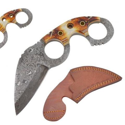 Old Ram Handmade Damascus Wood Double Ringed Fixed Karambit shown with the full knife, leather sheath, and close-up view of the wood handle in the same image