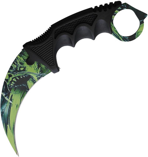 S-Tec Wolf Stainless Steel Black Synthetic Fixed Karambit shown in full with curved stainless steel blade, wolf artwork, black finger-grooved synthetic handle, finger ring, and glass breaker