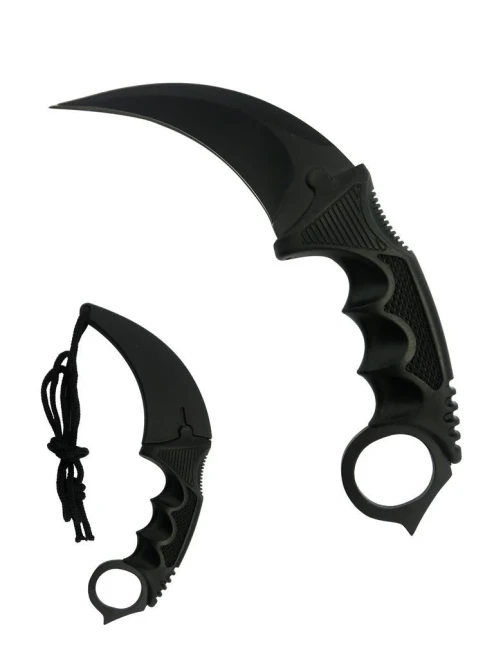 Black Stainless Steel Black Synthetic Fixed Karambit shown with the full knife and sheathed knife in the same image