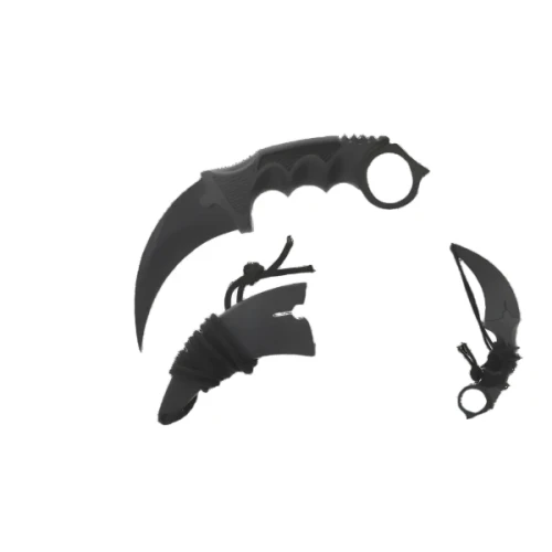 Falcon Honshu Black 440 Black ABS Fixed Karambit shown with the unsheathed knife, rubber sheath with paracord, and sheathed knife in the same image